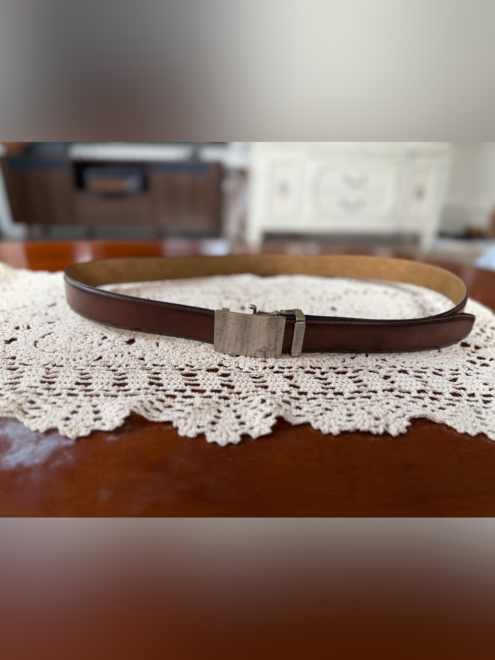 Greg Norman Collection Brown Leather Adjustable Belt with Brushed Silver Buckle